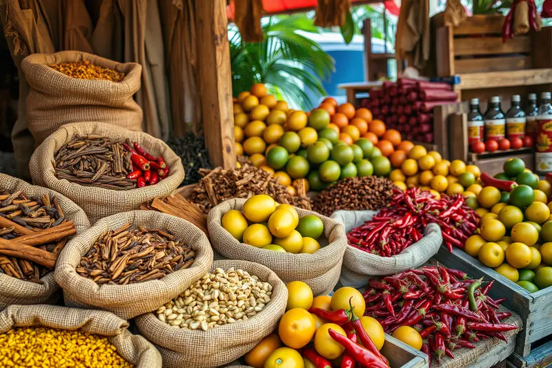 Étal d'épices et de fruits sur un marché antillais